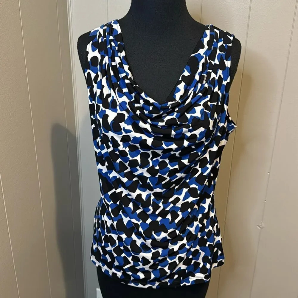 Calvin Klein blue/black/white print stretch draped neckline sleeveless top. XL.